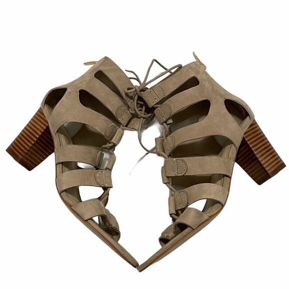 Marc Fisher Paradox Tan Suede Gladiator Lace Up Stacked Block Heel Pump Size 7.5 - Picture 9 of 13